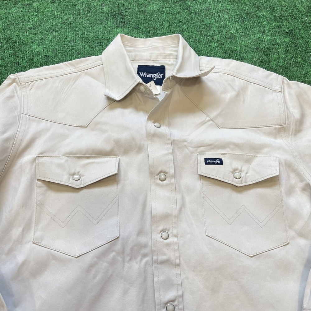 Wrangler Western Work Shirt Men Medium Gray Brushpopper Pearl Snap Cowboy Canvas